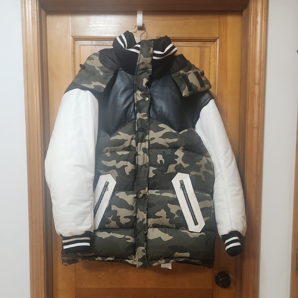 NWT Faith Connexion Down/Leather Jacket, Men's Size Small, Oversized, Camo/Black